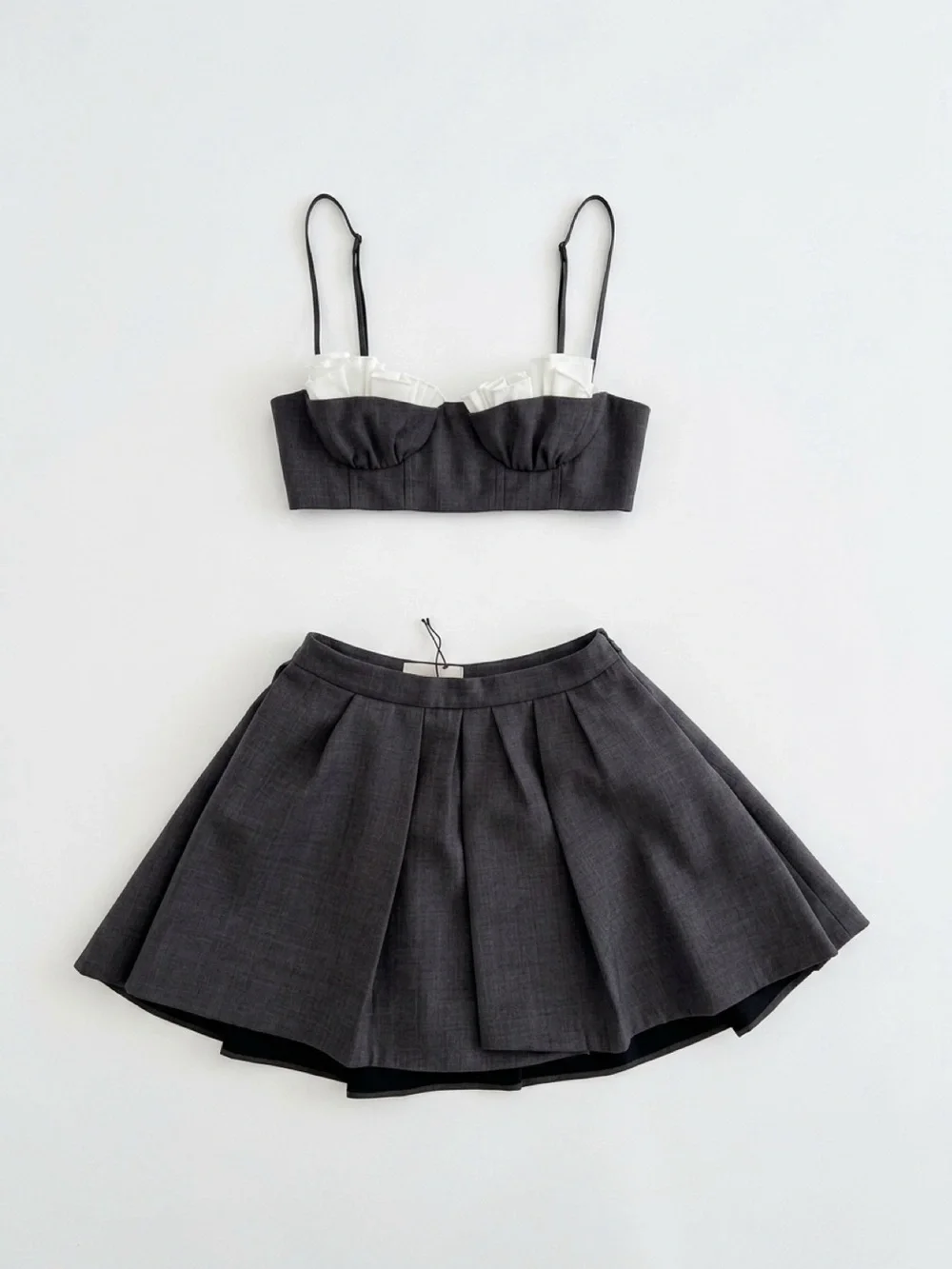 Shushu/Tong Grey Irregular Pleated Skirt & Spaghetti Strap Bralette Top - Picture 4 of 16